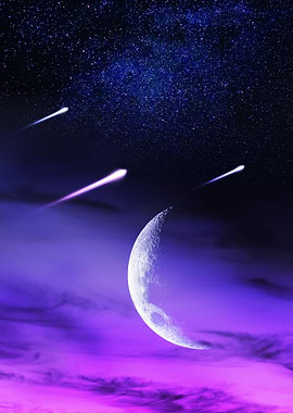 Crescent Moon and Shooting Stars