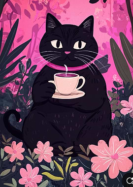 Black Cat with Tea Cup