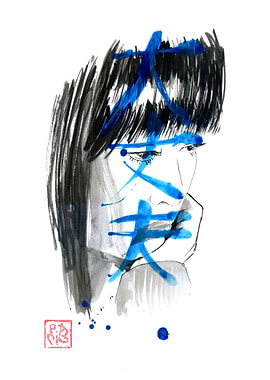 Ink Portrait with Japanese Character Overlay