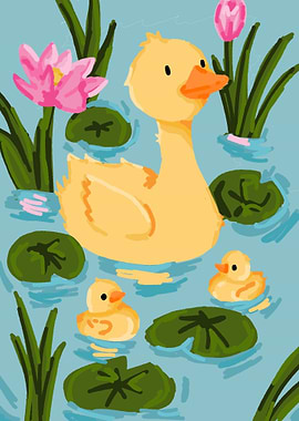 Duck and Ducklings in Pond Illustration