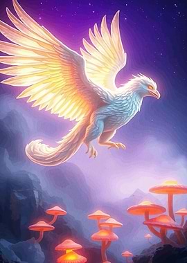 Glowing Phoenix Over Mushroom Landscape