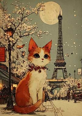 Cat in Paris with Eiffel Tower