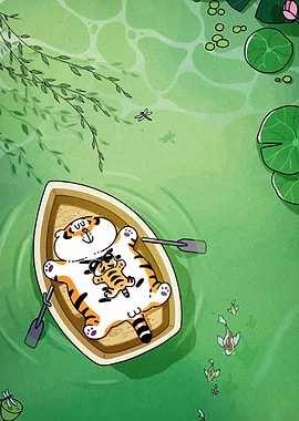 Tiger Family Relaxing in a Boat