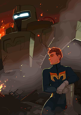 Man and Robot in Fiery Landscape