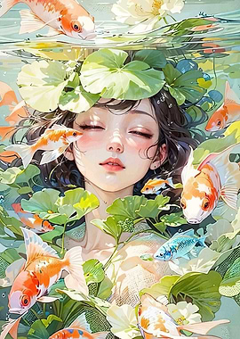 Dreamy Girl Koi Fish Lilies