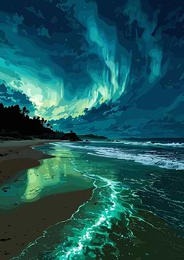 Aurora Borealis over a Tranquil Beach