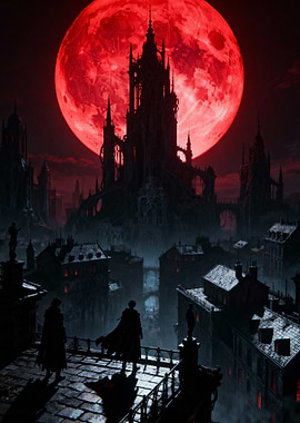 Gothic Cityscape under a Blood Moon
