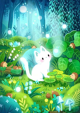 White Cat and Hedgehogs in Forest