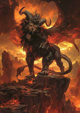 Winged Lion Demon Fiery Landscape