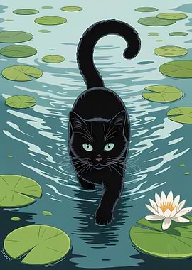 Black Cat Walking on Lily Pads