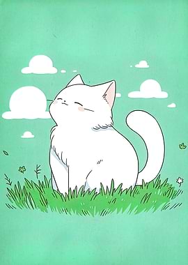 White Cat in Green Field