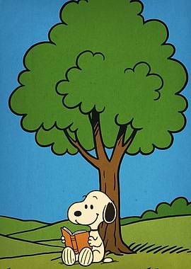 Snoopy reading under a tree