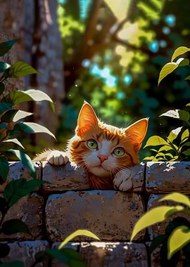 Ginger cat peering over brick wall