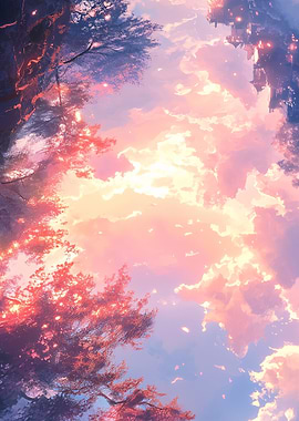 Landscape Fantasy Sunset Japan Sky with Castle and Trees