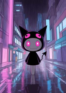 Cartoon Devil Character in Rainy City