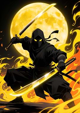Ninja with Golden Swords and Moon