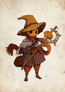 Pumpkin-headed character with staff illustration