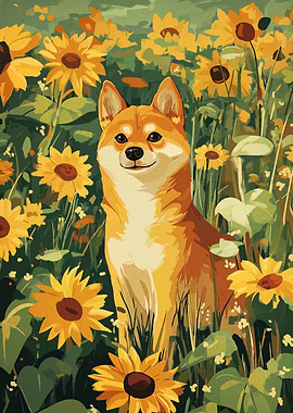 Shiba Inu in Sunflower Field