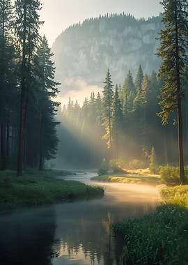 Misty River Through Forest Landscape