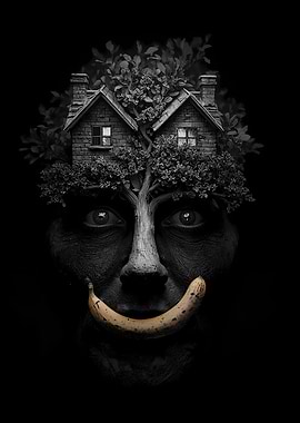 Surreal Face with House and Banana