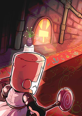 Cartoon Robot with Candy in Hallway