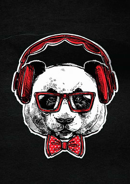 Hipster Panda with Headphones and Bowtie