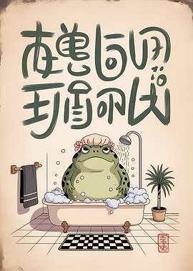 Frog in Bathtub with Japanese Text