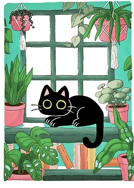 Black cat with plants by window