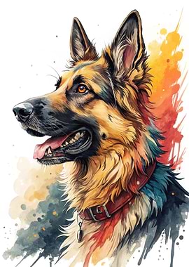 Watercolor German Shepherd Portrait