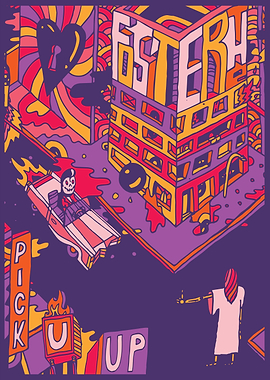 Psychedelic Cityscape with Skeleton Driver