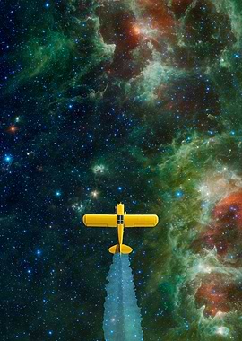 Yellow Plane Soaring Through Nebula