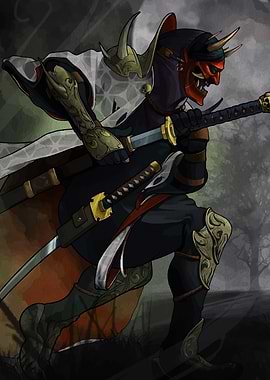 Demon Masked Warrior with Swords