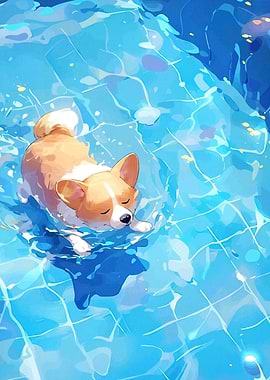 Corgi Dog Swimming Blue Water