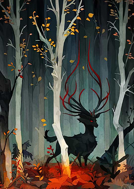 Dark Deer in Autumn Forest