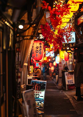 Japanese Alleyway at Night with Lanterns