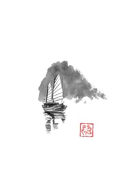 Ink Wash Painting of a Junk Boat
