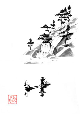 Ink Wash Painting: Fisherman and Mountain