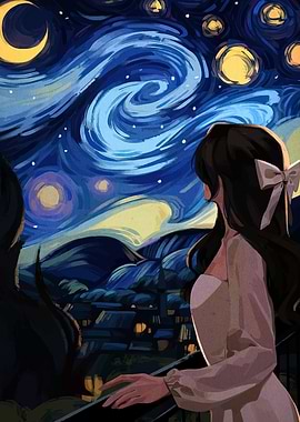 Girl Gazing at Starry Night Painting