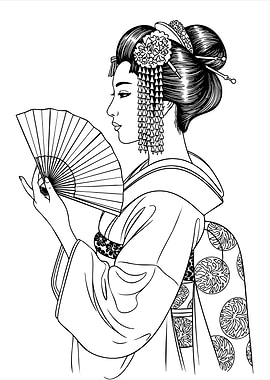 Geisha with Fan Line Art