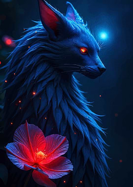 Blue Wolf with Red Flower