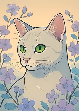 Cat with Flowers Illustration