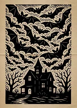 Haunted House with Bats Illustration