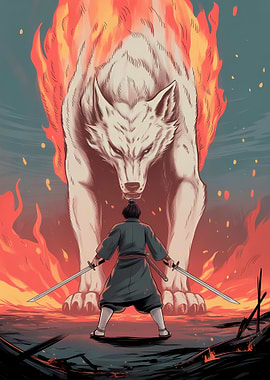 Samurai Facing Fiery Wolf Spirit