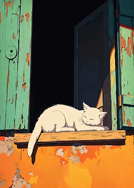 Sleeping Cat on Window Sill
