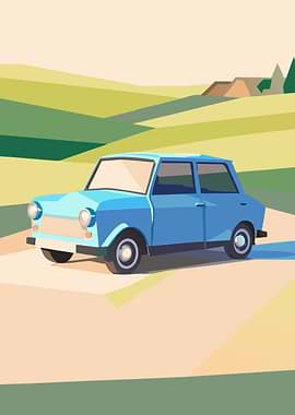 Blue Car in Countryside Landscape