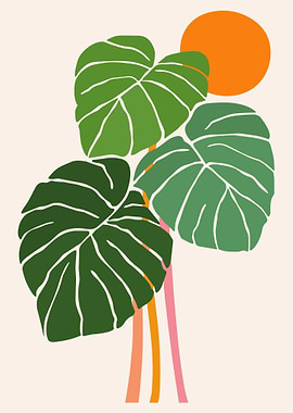 Tropical Glow Minimalist Monstera Plant with Sun Illustration