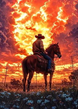 Cowboy on Horseback at Sunset