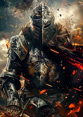 Armored Knight in Fiery Battle