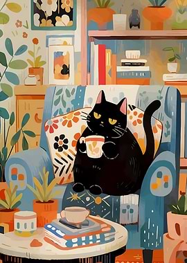 Black Cat Relaxing with Coffee