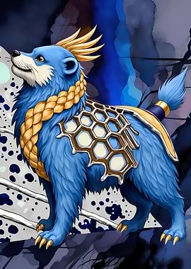 Abstract Fantasy #120 - Stylized Blue Animal with Golden Accents